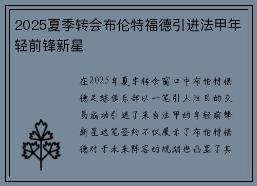 2025夏季转会布伦特福德引进法甲年轻前锋新星